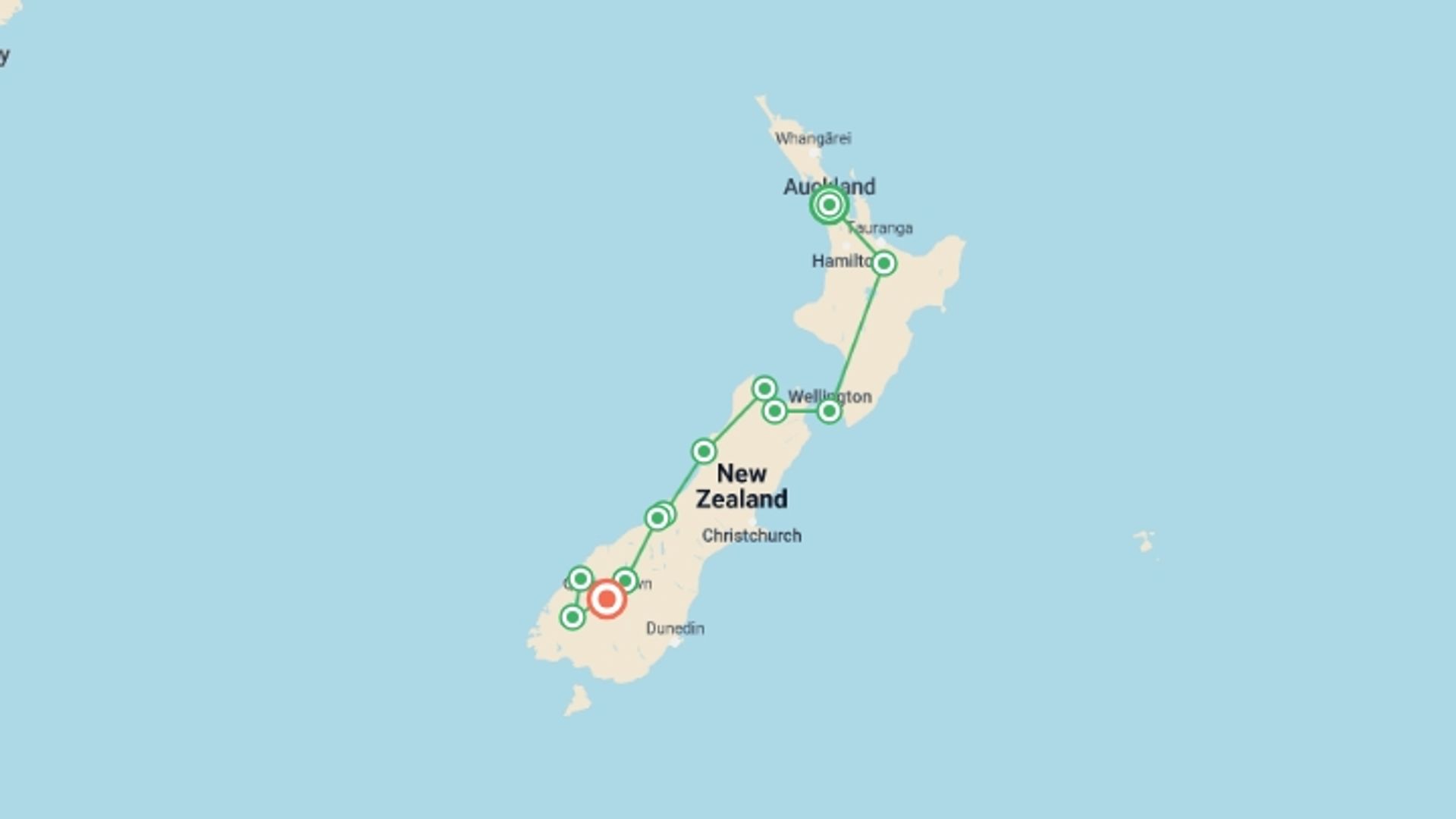 A map showing the tour itinerary for the trip: Auckland, Wellington & Scenic South - 12 days, starting in Auckland, New Zealand and ending in Queenstown, New Zealand going through 8 other destinations.