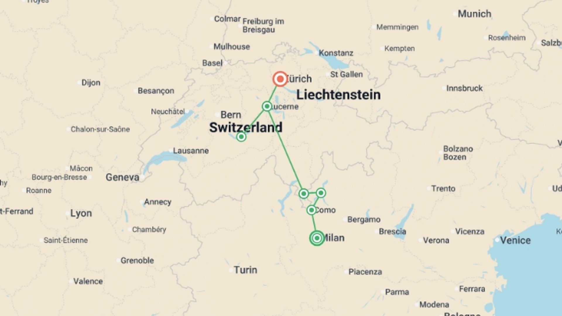 A map showing the tour itinerary for the trip: Swiss Panorama & Lake Como Retreat by Rail, starting in Milan, Italy and ending in Zurich, Switzerland going through 4 other destinations.