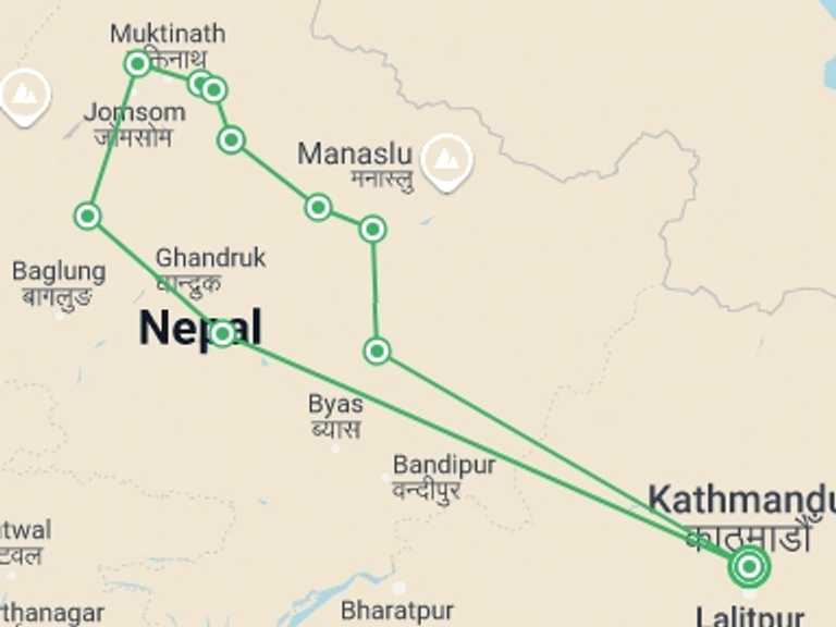 Map itinerary of Nepal Tour in Winter with 10 destination visits for the trip: Round Annapurna Mountain Biking