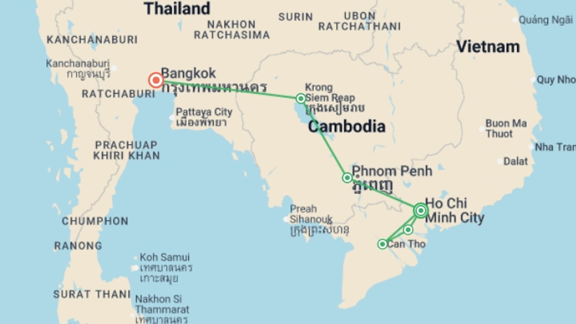 A map showing the tour itinerary for the trip: Vietnam & Cambodia Experience 8D/7N, starting in Ho Chi Minh City, Vietnam and ending in Bangkok, Thailand going through 3 other destinations.
