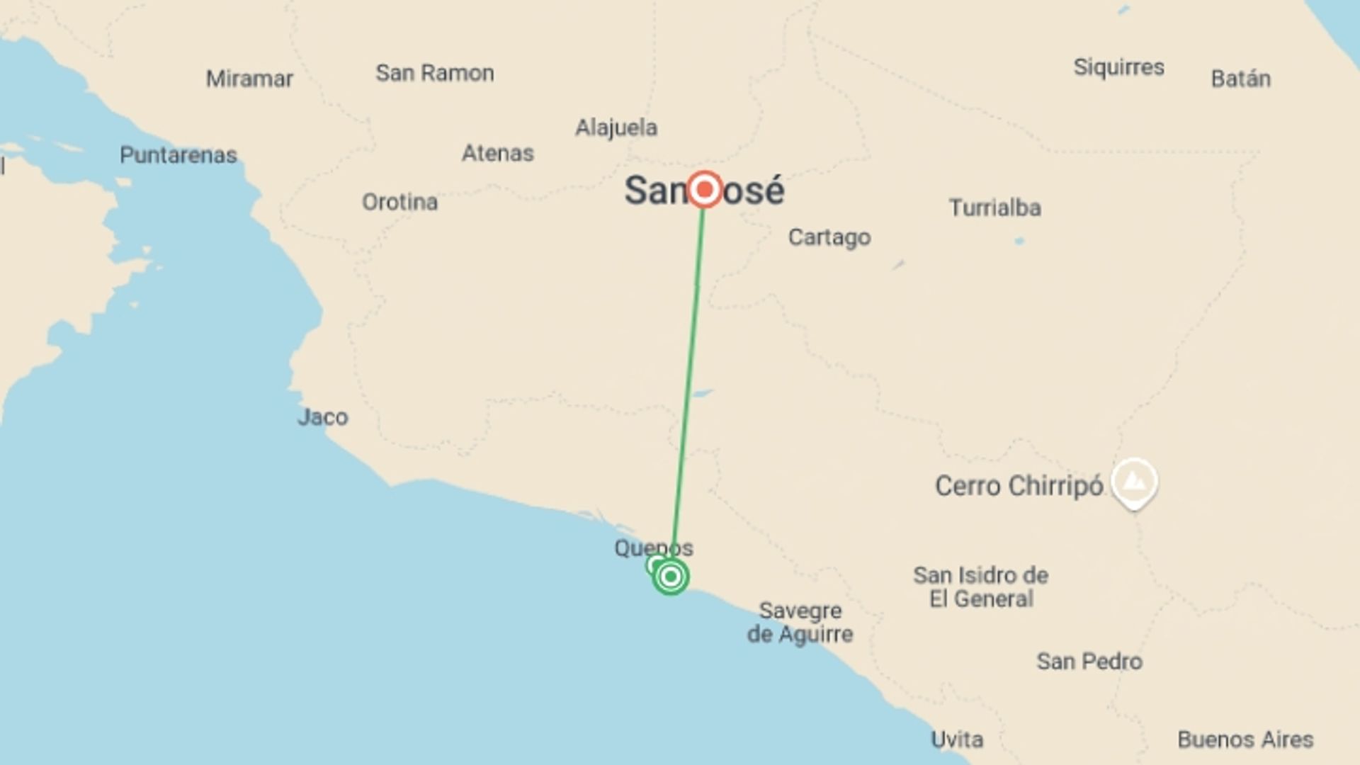 A map showing the tour itinerary for the trip: Manuel Antonio Beach & San José City, Short Break, starting in Manuel Antonio National Park, Costa Rica and ending in San Jose, Costa Rica going through 1 other destinations.