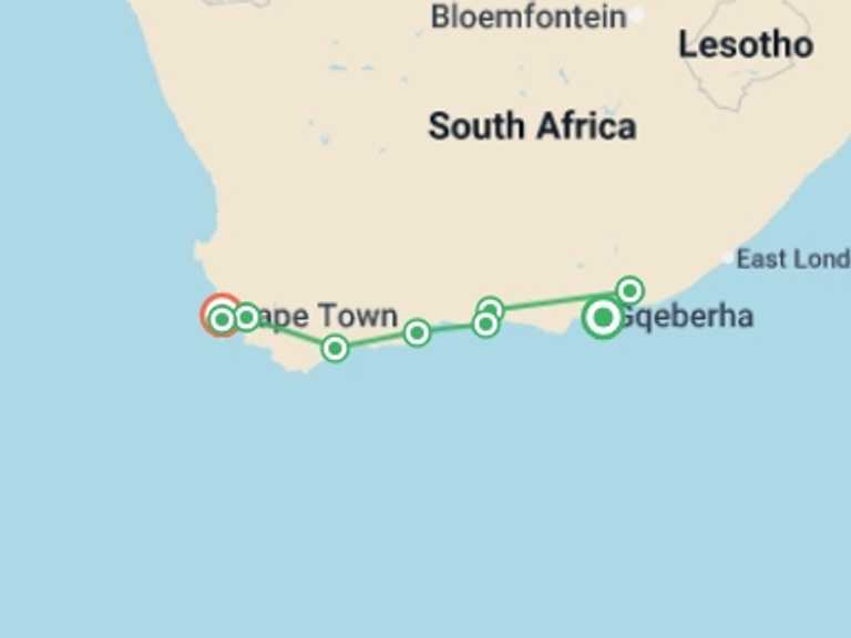 Map of Cape Town Tour with 9 destination visits for the trip: Cape Town and the Garden Route - Premium Adventure