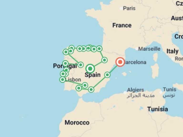Map itinerary of Spain Tour in November 2026 with 14 destination visits for the trip: Extended Madrid to Barcelona (Superior) - 20 days