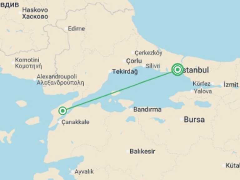 Map itinerary of Balkans Tour in April 2027 with 2 destination visits for the trip: ANZAC Day & Istanbul - 5 Days
