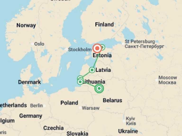 Map itinerary of Europe Tour in Fall with 7 destination visits for the trip: Cycling the Baltic States