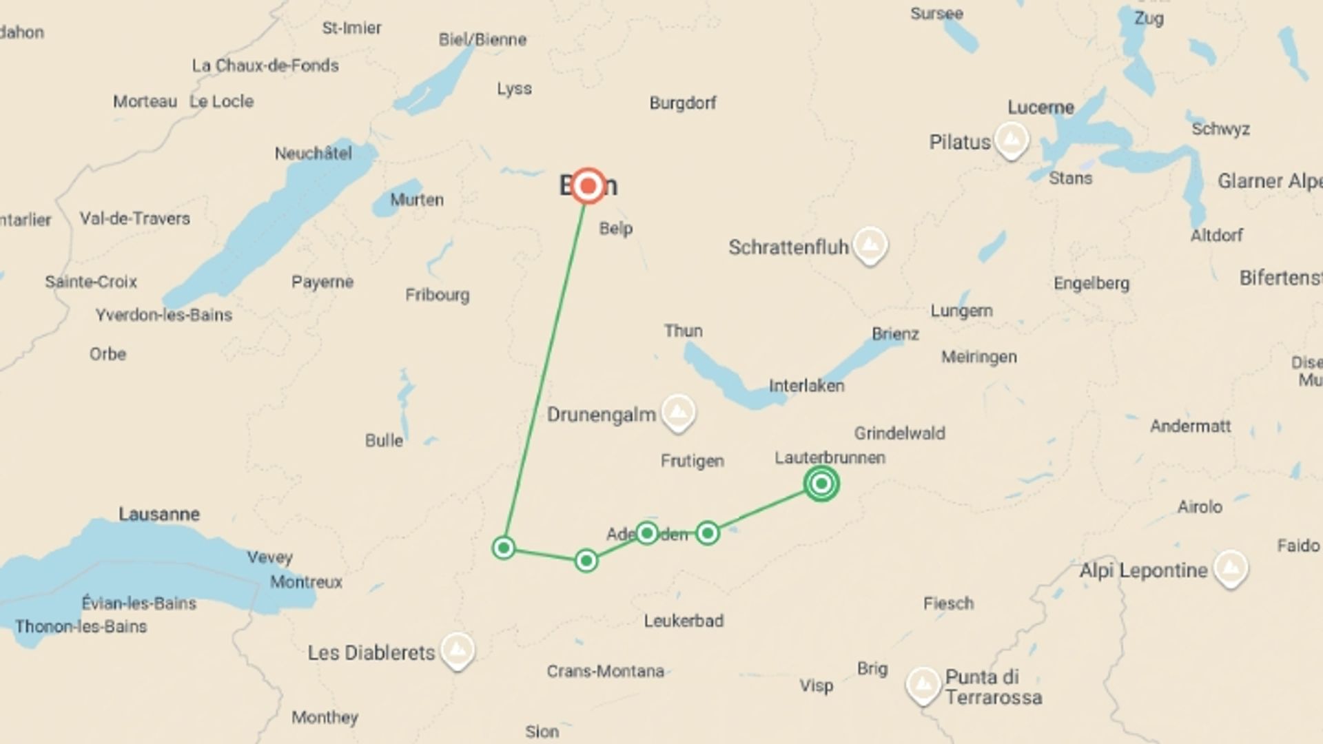 A map showing the tour itinerary for the trip: Walking the Bernese Highlights West, starting in Mürren, Switzerland and ending in Bern, Switzerland going through 5 other destinations.