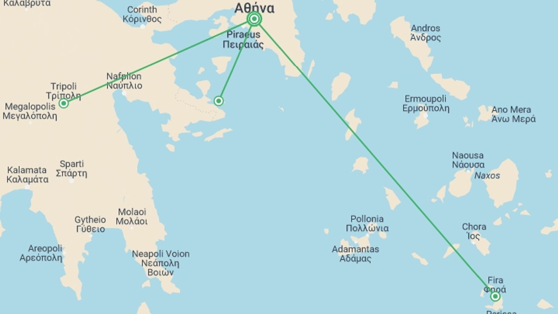 A map showing the tour itinerary for the trip: Jewels of Athens And Santorini, starting in Athens, Greece and ending in Athens, Greece going through 1 other destinations.