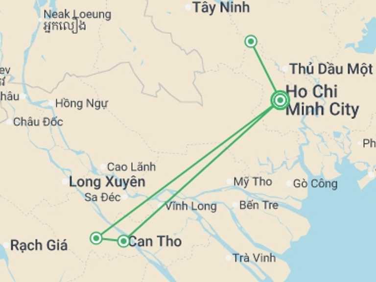 Map of Ho Chi Minh City Sightseeing Tour with 2 destination visits for the trip: Saigon, Cu Chi & Mekong Delta - 6 days