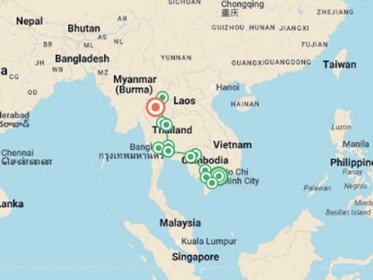 Map itinerary of South East Asia Tour in August 2026 with 11 destination visits for the trip: Amazing Vietnam & Cambodia and Thailand ends Chiang Mai (4 Star Hotels)
