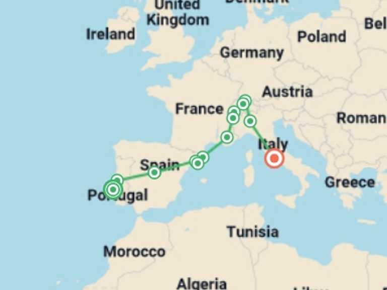 Map itinerary of Europe Tour in October 2026 with 9 destination visits for the trip: Essential Portugal, Spain, Switzerland and Italy