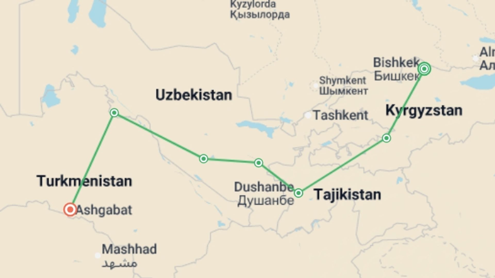 A map showing the tour itinerary for the trip: Bishkek To Ashgabat (31 Days), starting in Bishkek, Kyrgyzstan and ending in Ashgabat, Turkmenistan going through 5 other destinations.