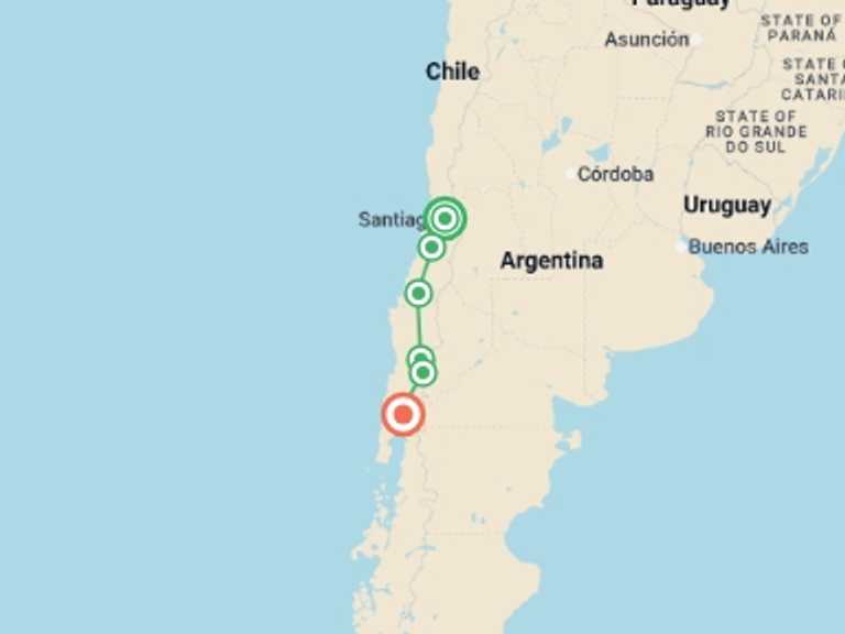Map of a Wine tasting Tour with 8 destination visits for the trip: Chile and the Lake District - 14 days