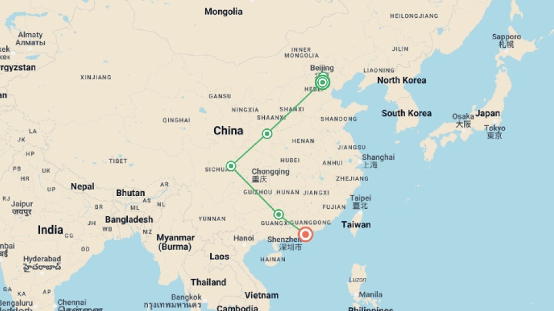 A map showing the tour itinerary for the trip: Real China, starting in Beijing, China and ending in Hong Kong, Hong Kong going through 4 other destinations.