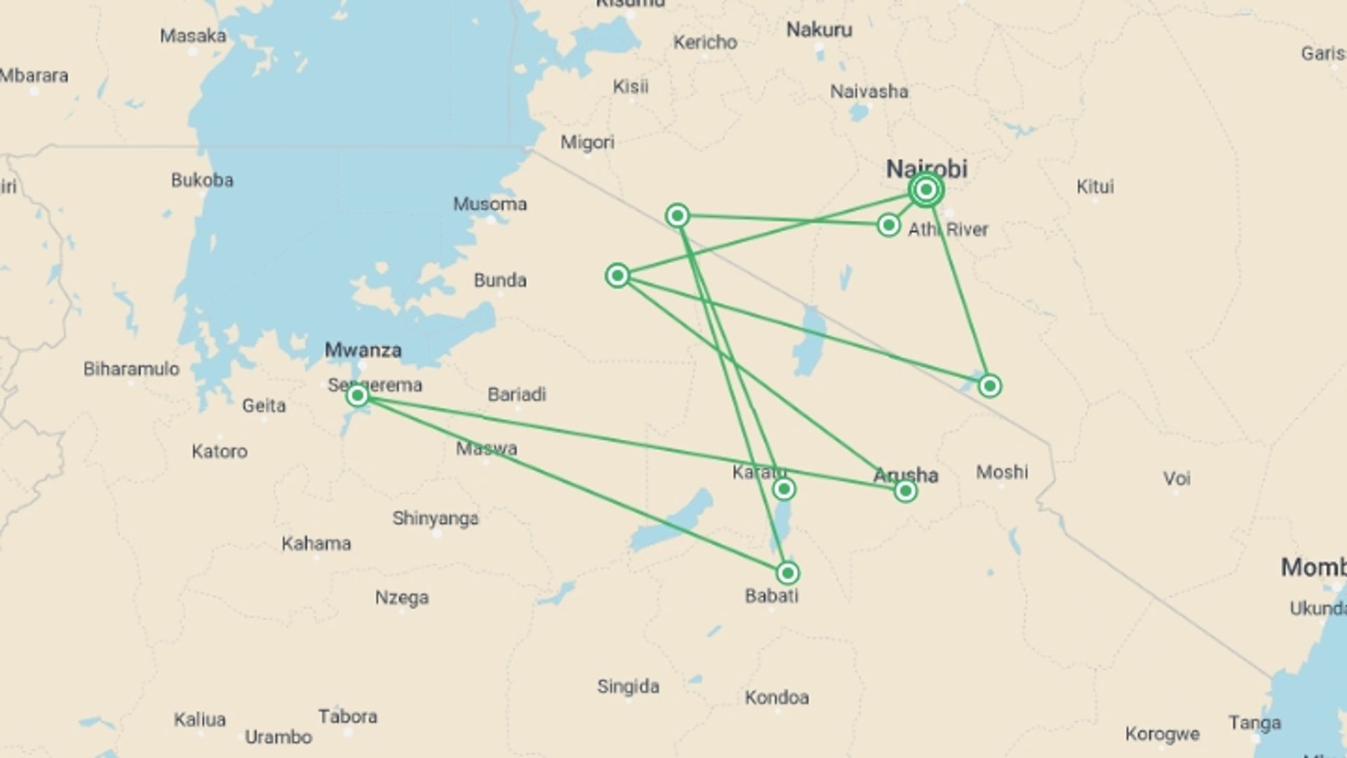 A map showing the tour itinerary for the trip: Kenya & Tanzania Wildlife Discoverer, starting in Nairobi, Kenya and ending in Nairobi, Kenya going through 8 other destinations.