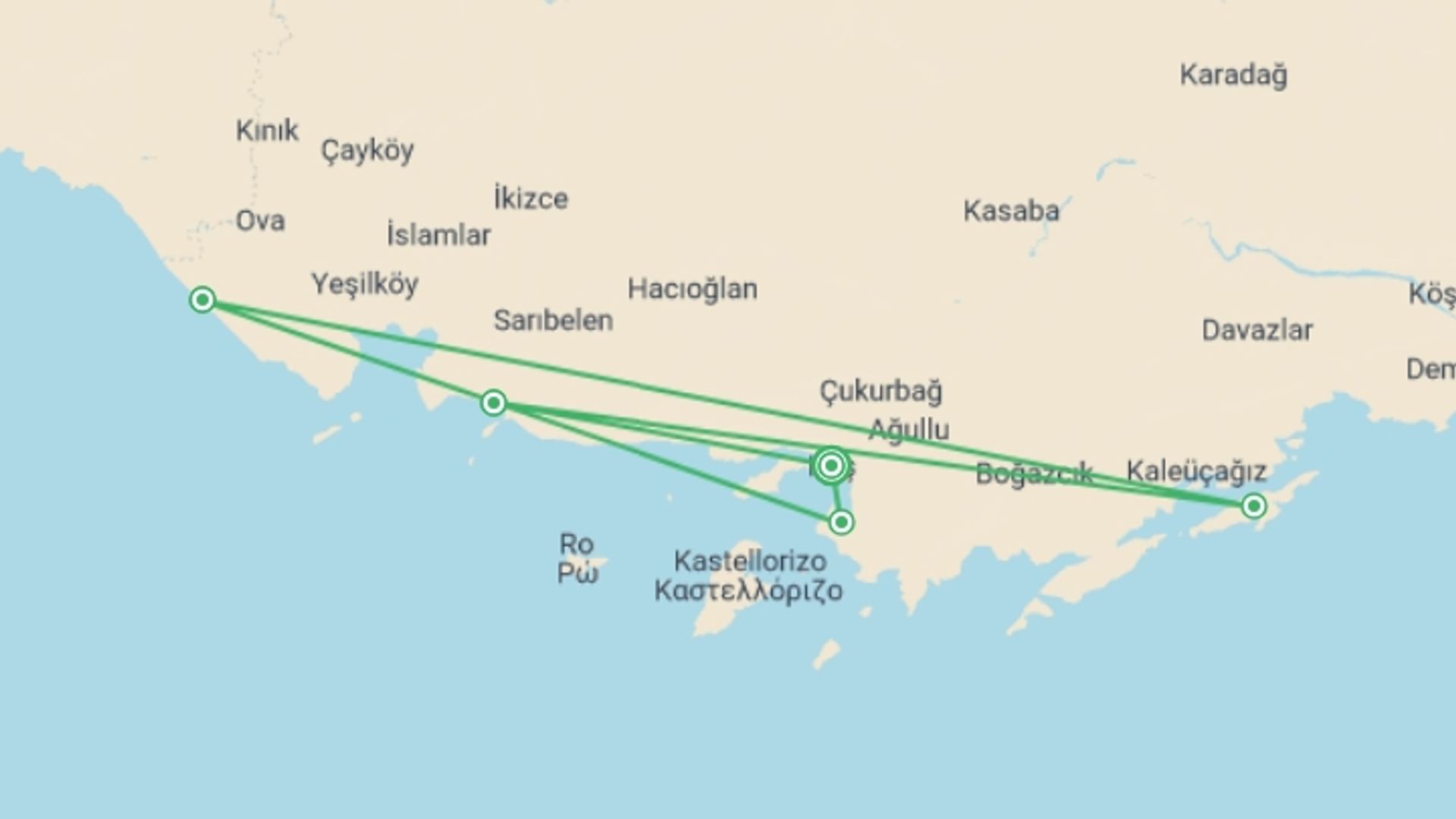 A map showing the tour itinerary for the trip: Walking Turkey's Turquoise Coast, starting in Kas, Turkey and ending in Kas, Turkey going through 4 other destinations.