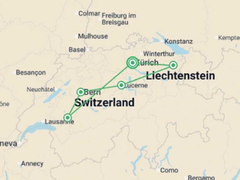 Map itinerary of Europe Tour in May 2026 with 6 destination visits for the trip: Mountains, Valleys and Lakes of Switzerland