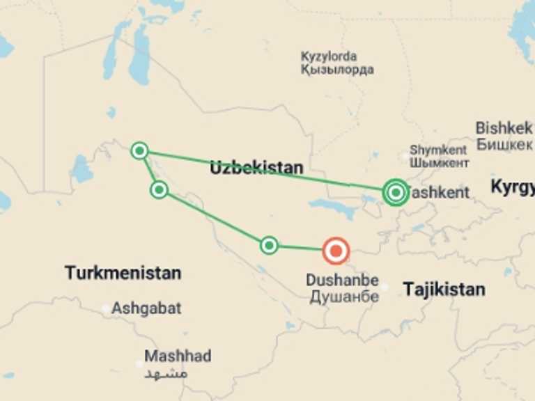 Map of Central Asia Tour with 5 destination visits for the trip: Upgraded - Treasures of Uzbekistan