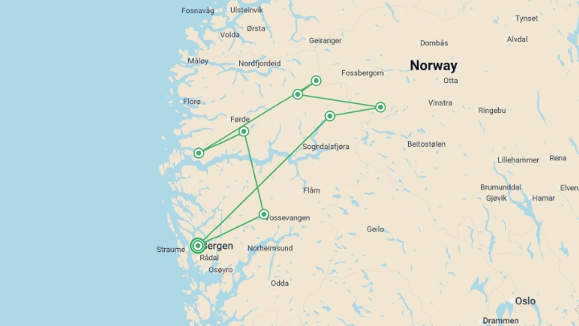 A map showing the tour itinerary for the trip: Walking the Fjords, starting in Bergen, Norway and ending in Bergen, Norway going through 6 other destinations.