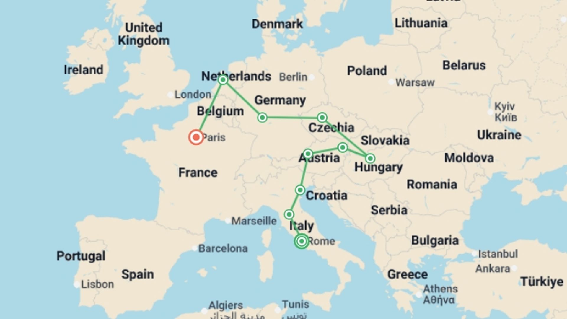 A map showing the tour itinerary for the trip: European Delight GO, starting in Rome, Italy and ending in Paris, France going through 8 other destinations.