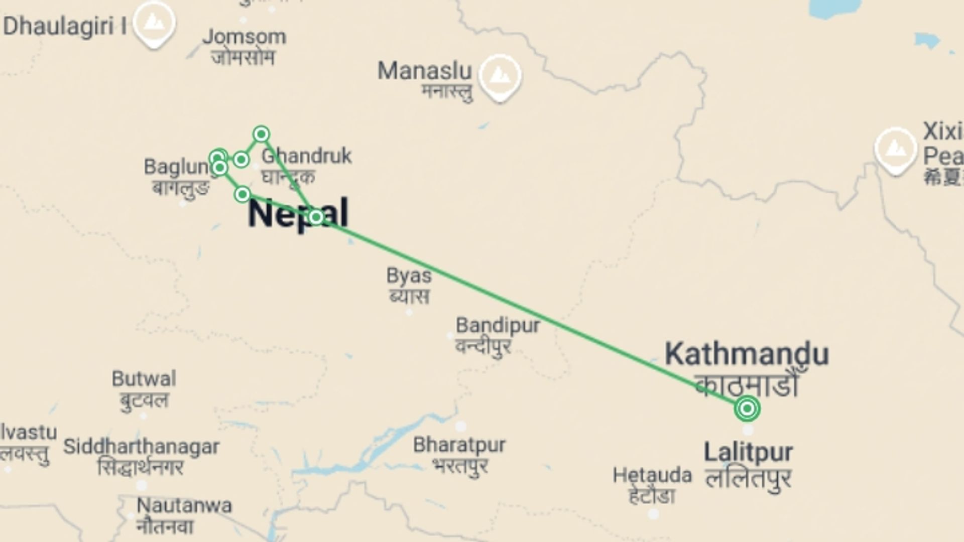 A map showing the tour itinerary for the trip: Poon Hill Trek, starting in Kathmandu, Nepal and ending in Kathmandu, Nepal going through 6 other destinations.