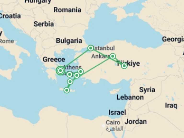 Map itinerary of Turkey Tour in September 2026 with 7 destination visits for the trip: Classical Greece And Turkey With 3-day Cruise (small Group)