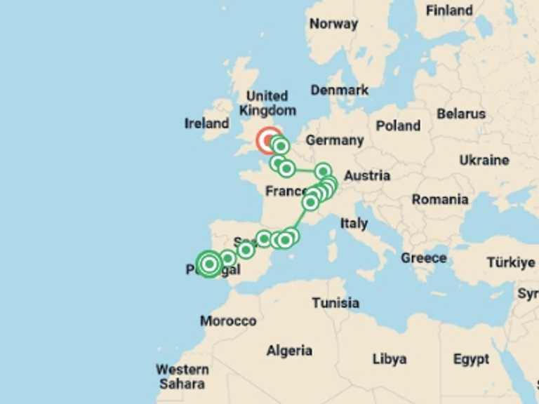 Map of a City sightseeing Tour with 10 destination visits for the trip: Five Countries