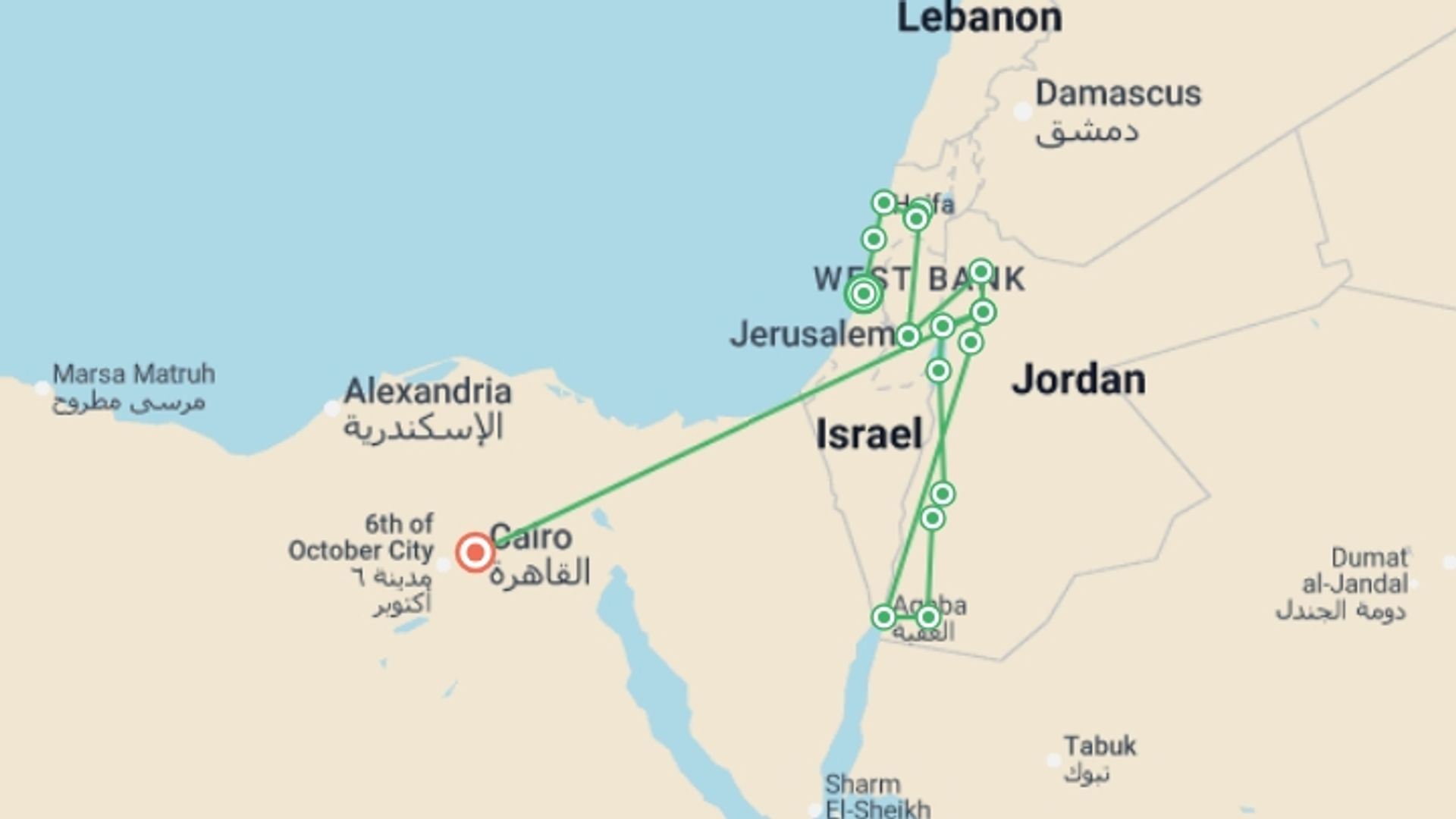 A map showing the tour itinerary for the trip: Israel, Jordan and Cairo, starting in Tel Aviv, Israel and ending in Cairo, Egypt going through 7 other destinations.