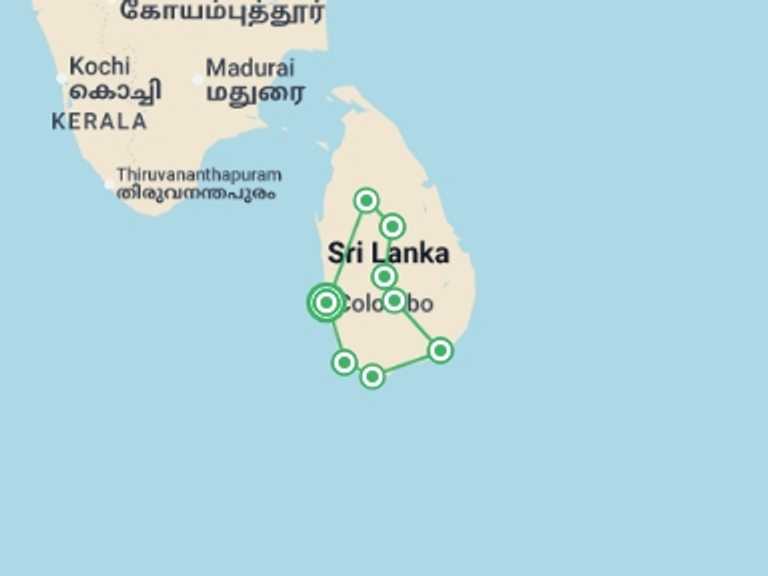 Map itinerary of South Asia Tour in December 2025 with 8 destination visits for the trip: Highlights of Sri Lanka - 15 days