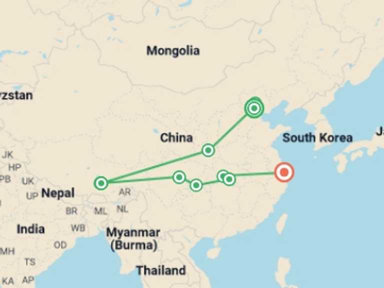Map of China Tour with 7 destination visits for the trip: Captivating Tibet & China Luxury Tour