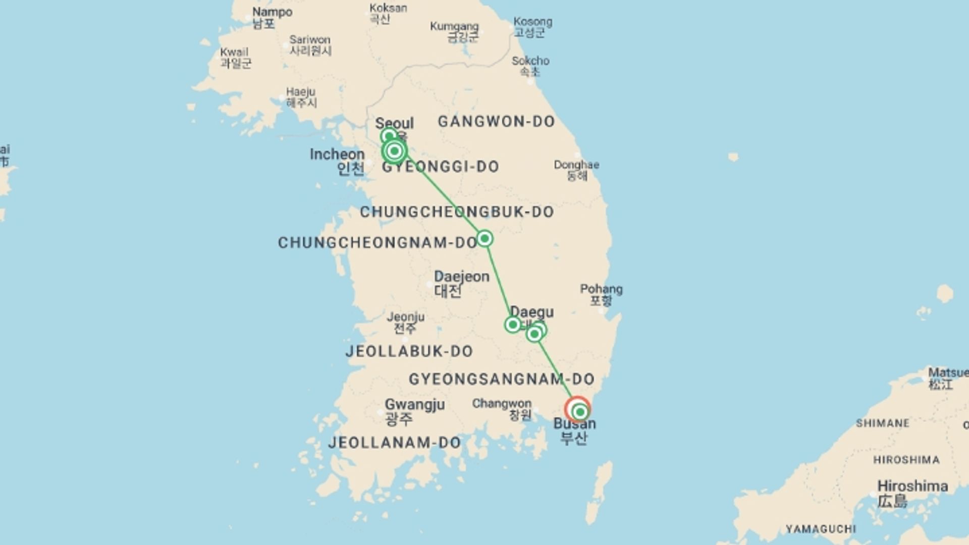 A map showing the tour itinerary for the trip: Cycling Seoul to Busan, starting in Seoul, South Korea and ending in Busan, South Korea going through 6 other destinations.