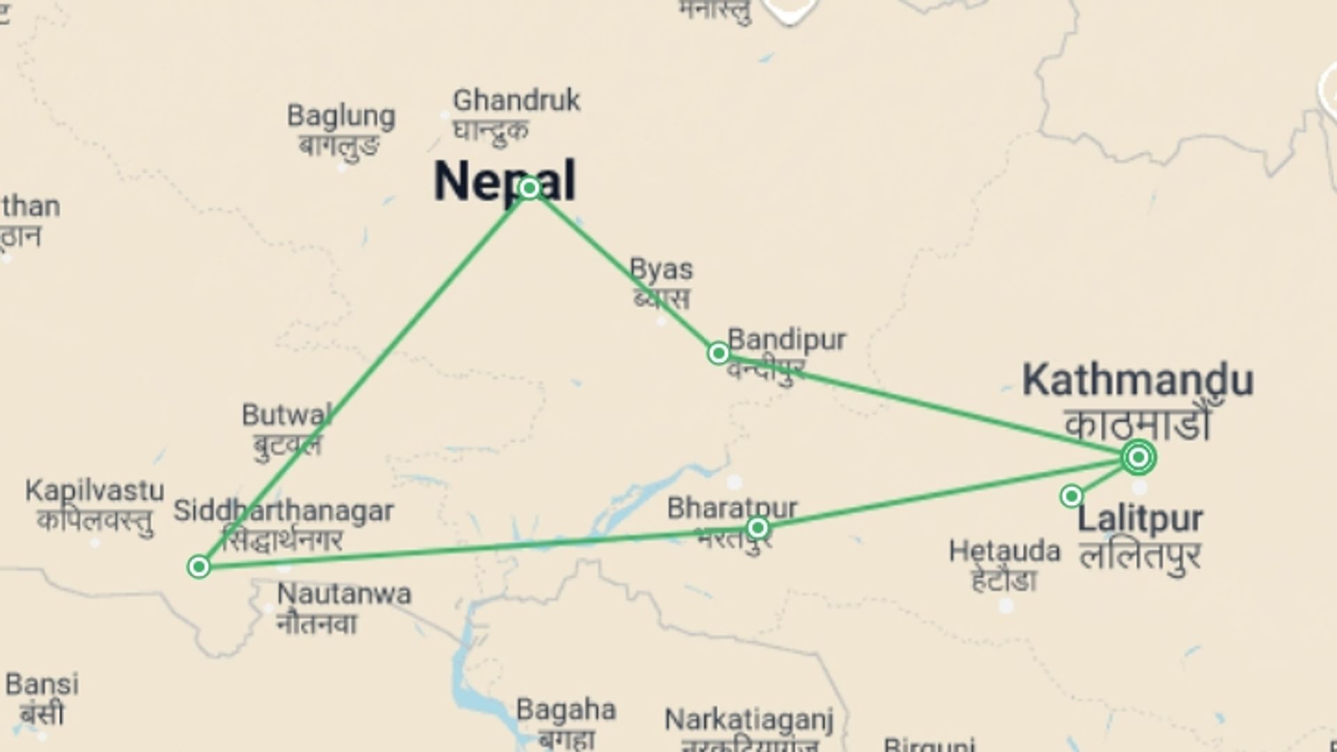A map showing the tour itinerary for the trip: Nepal Adventure & Culture Tour, starting in Kathmandu, Nepal and ending in Kathmandu, Nepal going through 5 other destinations.