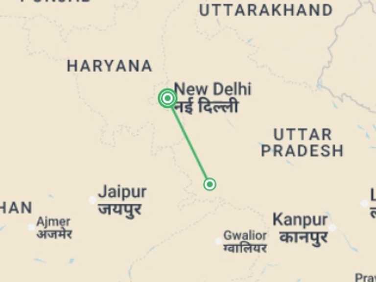 Map of New Delhi Explorer Tour with 2 destination visits for the trip: Delhi & Agra Welcome Package 4D/3N