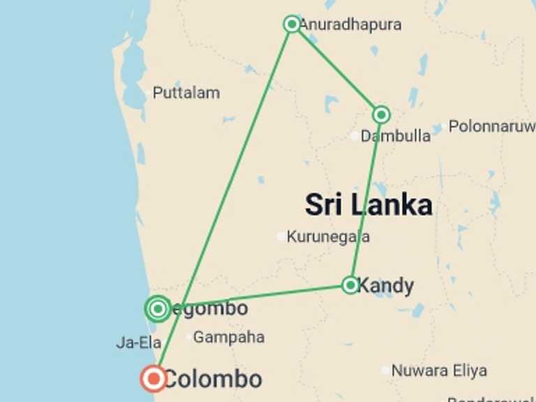 Map itinerary of Colombo Tour in December 2025 with 5 destination visits for the trip: Classic Sri Lanka