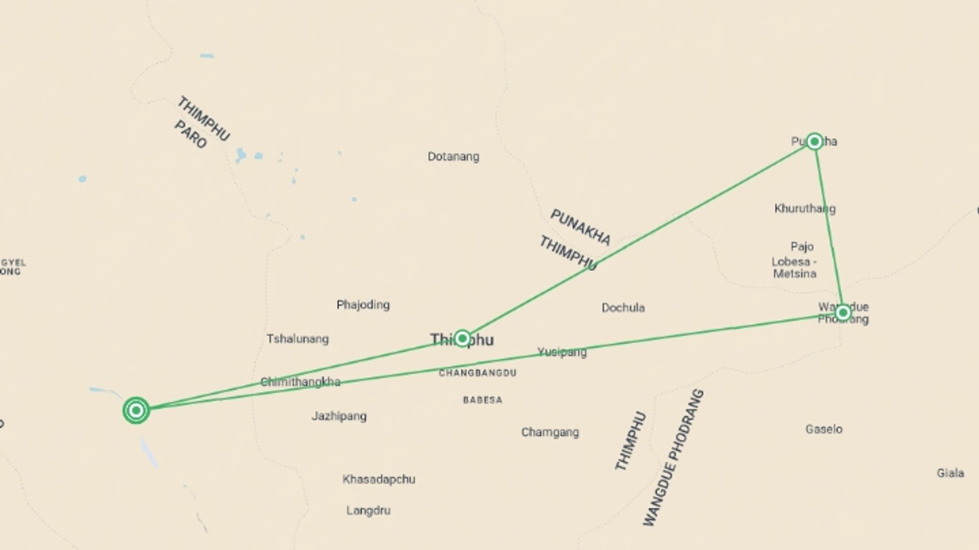 A map showing the tour itinerary for the trip: Bhutan Breakaway - 7 days, starting in Paro, Bhutan and ending in Paro, Bhutan going through 3 other destinations.