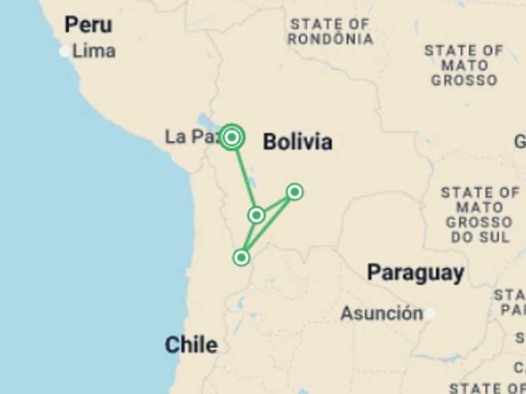 Map itinerary of South America Tour in September 2026 with 4 destination visits for the trip: La Paz & Uyuni Explorer - 5 days