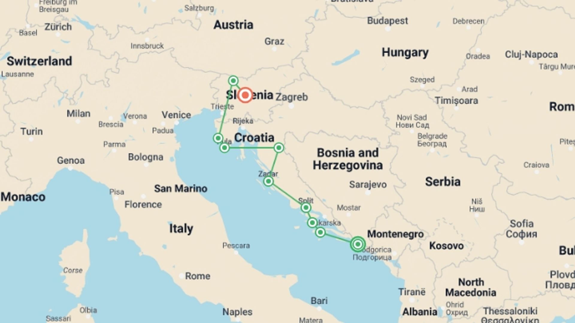A map showing the tour itinerary for the trip: Dubrovnik to Ljubljana, starting in Dubrovnik, Croatia and ending in Ljubljana, Slovenia going through 8 other destinations.