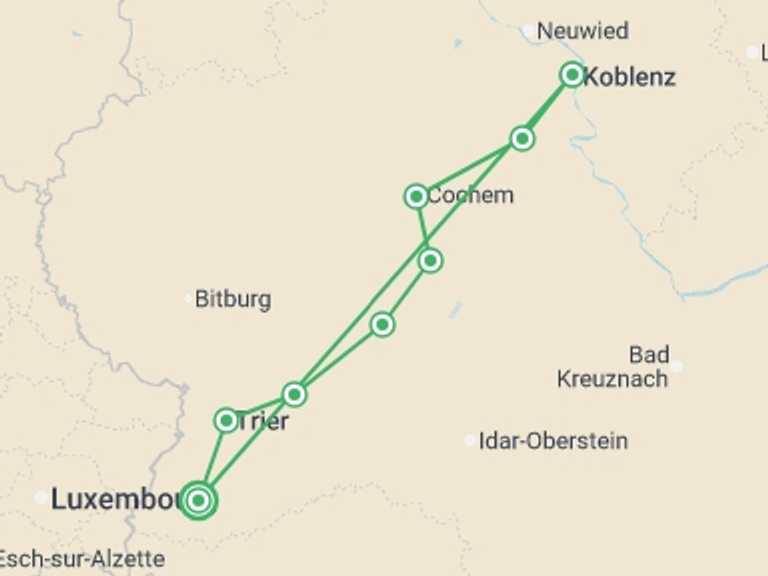 Map itinerary of Germany Tour in August 2026 with 7 destination visits for the trip: Moselle Bike & Barge