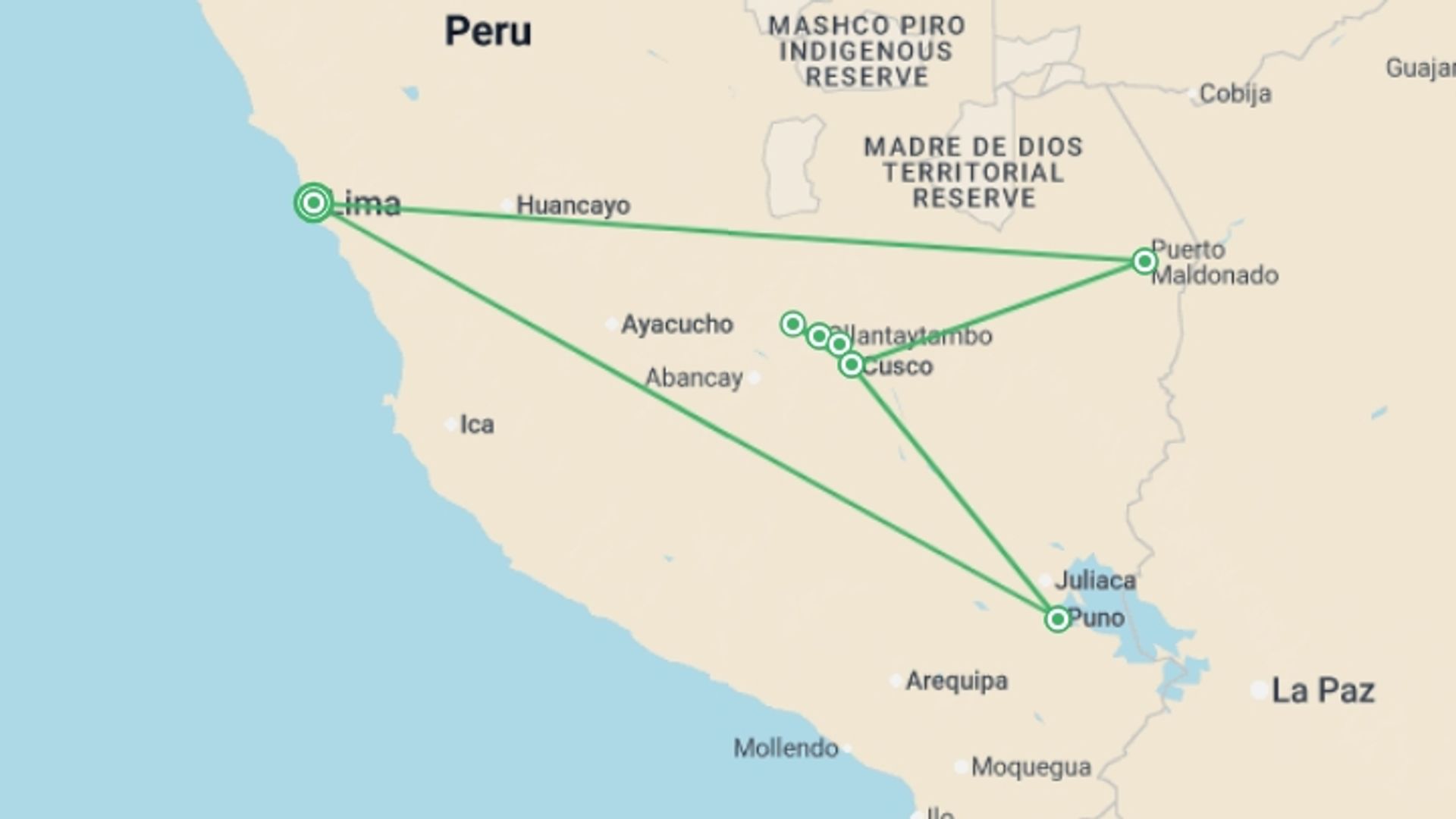 A map showing the tour itinerary for the trip: Peruvian Pathways, starting in Lima, Peru and ending in Lima, Peru going through 6 other destinations.