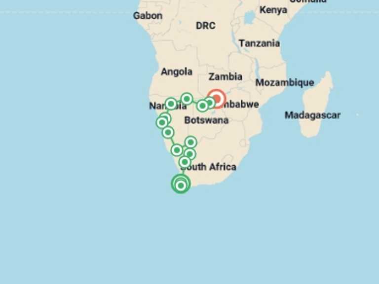 Map of Africa Tour with 14 destination visits for the trip: Southern Africa Cape to Falls - 20 days  