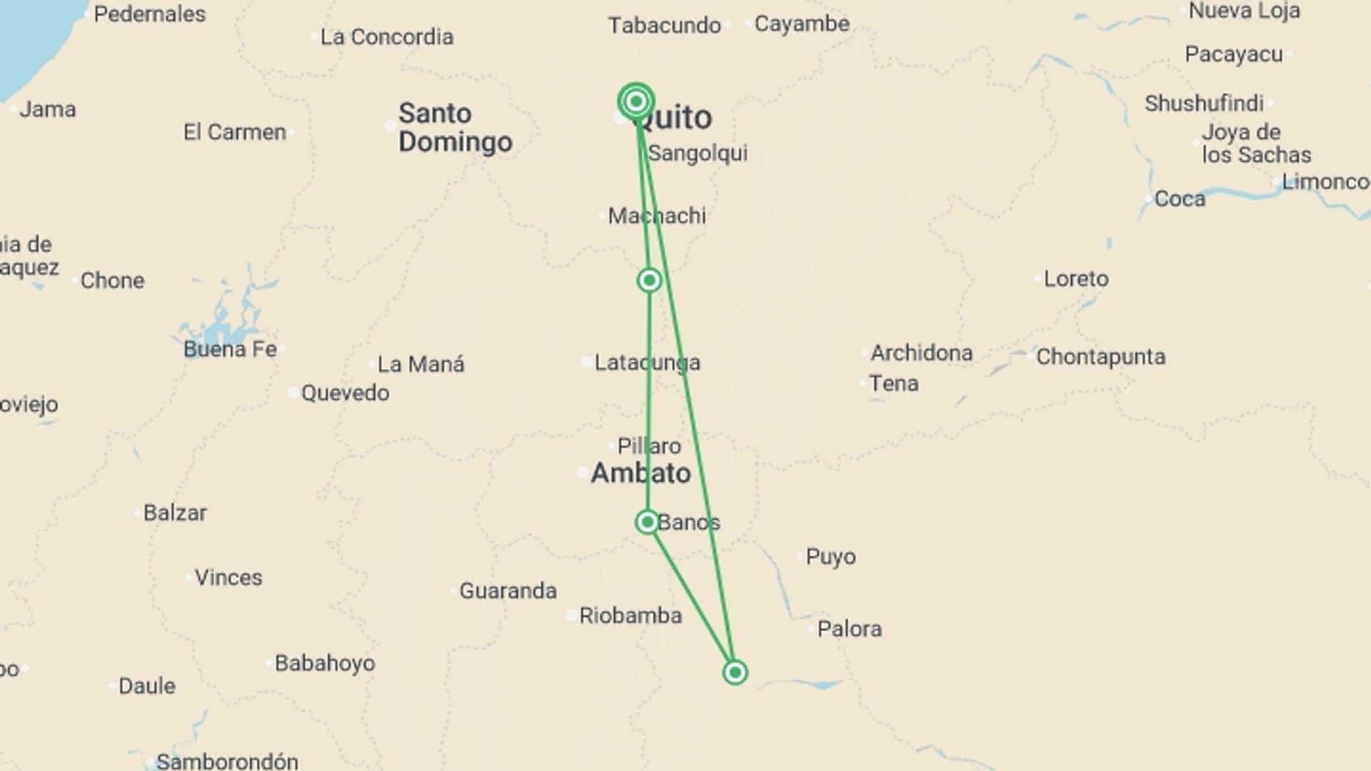 A map showing the tour itinerary for the trip: Ecuador: Cotopaxi & the Amazon Jungle, starting in Quito, Ecuador and ending in Quito, Ecuador going through 4 other destinations.