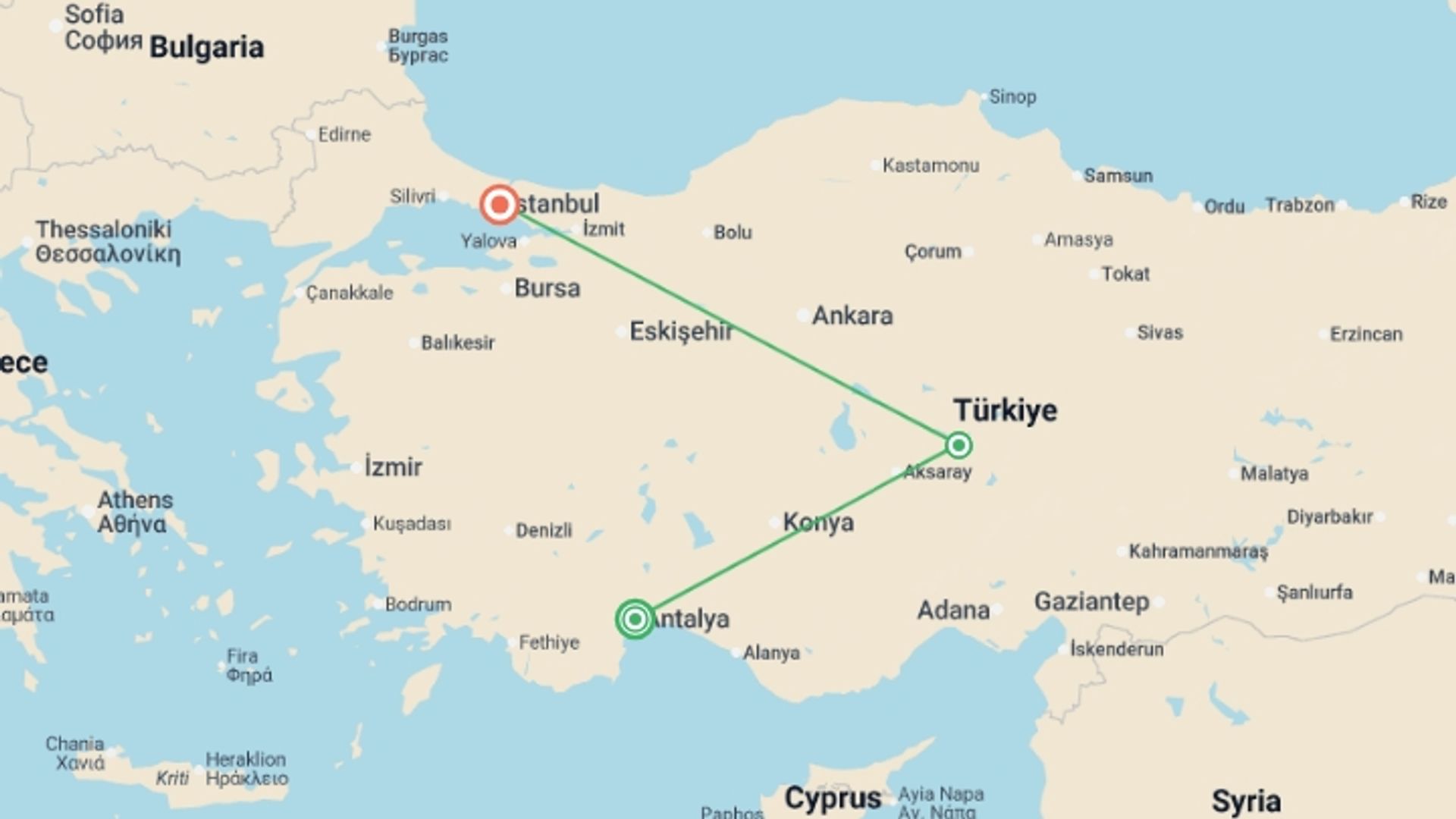 A map showing the tour itinerary for the trip: Six Days in Turkey, starting in Antalya, Turkey and ending in Istanbul, Turkey going through 1 other destinations.