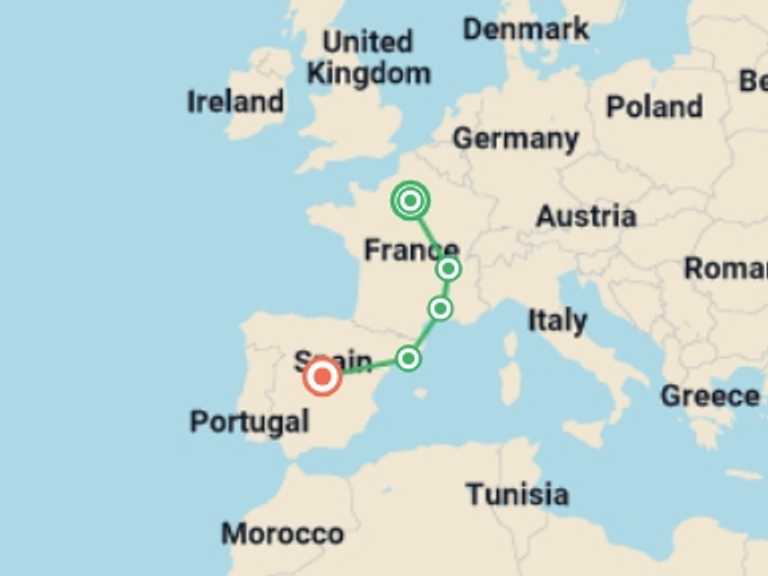 Map of France and Spain Tour with 5 destination visits for the trip: Best of France & Spain