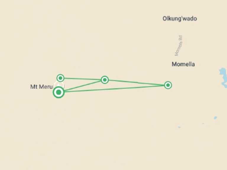 Map itinerary of Africa Tour in December 2026 with 5 destination visits for the trip: 4-Day Mount Meru Private Trek