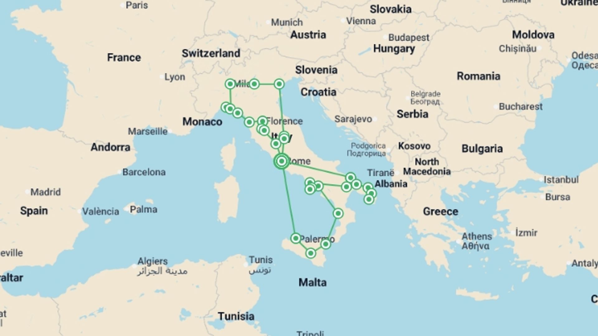 A map showing the tour itinerary for the trip: Italian Roundabout Complete End Rome, starting in Rome, Italy and ending in Rome, Italy going through 13 other destinations.