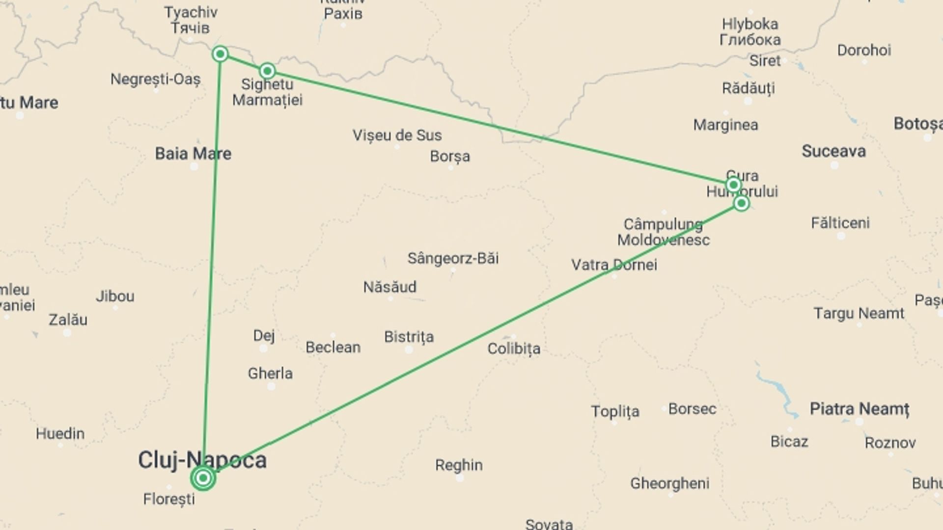 A map showing the tour itinerary for the trip: Six days tour from Cluj-Napoca - Maramures and Bucovina, starting in Cluj-napoca, Romania and ending in Cluj-napoca, Romania going through 6 other destinations.