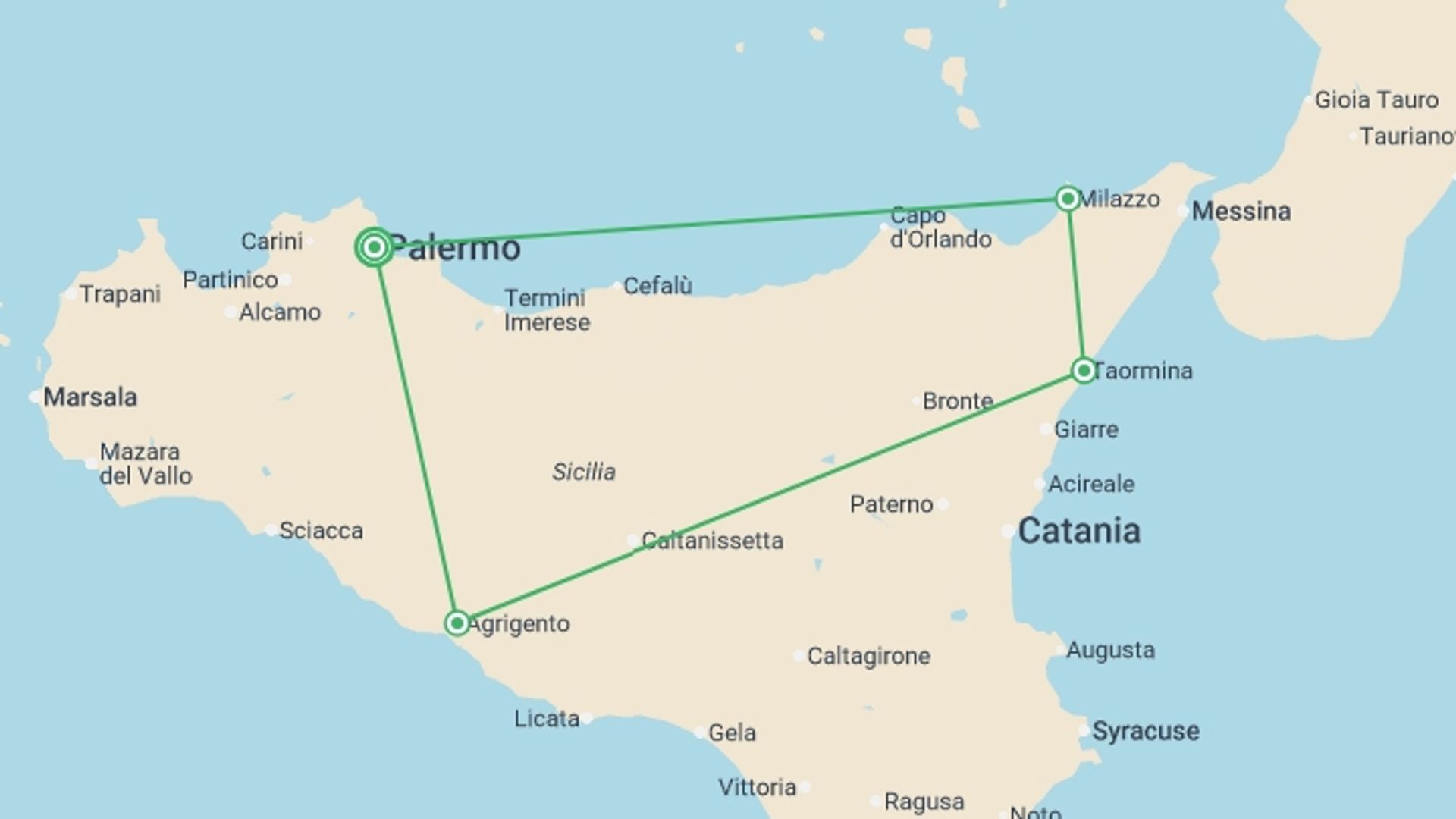 A map showing the tour itinerary for the trip: Sicily and Eolic Islands, starting in Palermo, Italy and ending in Palermo, Italy going through 3 other destinations.