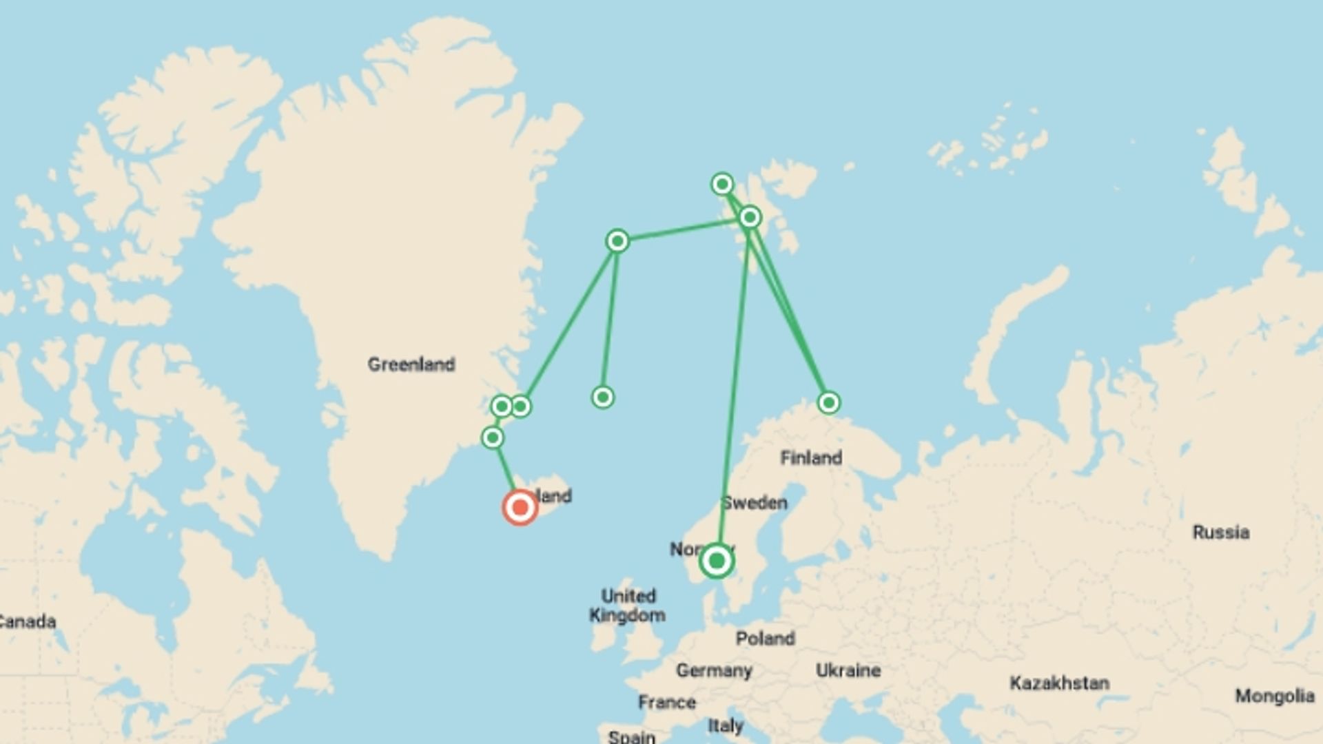 A map showing the tour itinerary for the trip: Four Arctic Islands (Ocean Albatros), starting in Oslo, Norway and ending in Reykjavik, Iceland going through 8 other destinations.