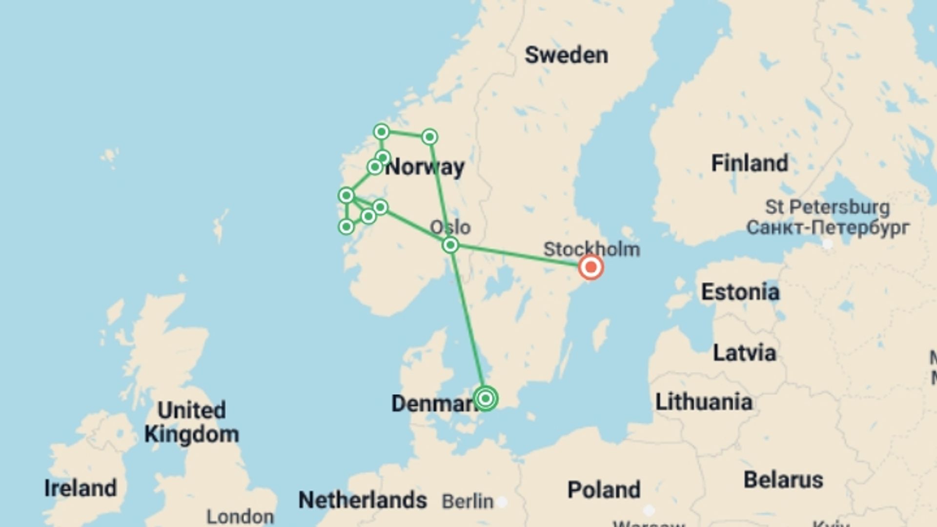 A map showing the tour itinerary for the trip: Norwegian Fjords With Copenhagen And Stockholm, starting in Copenhagen, Denmark and ending in Stockholm, Sweden going through 6 other destinations.