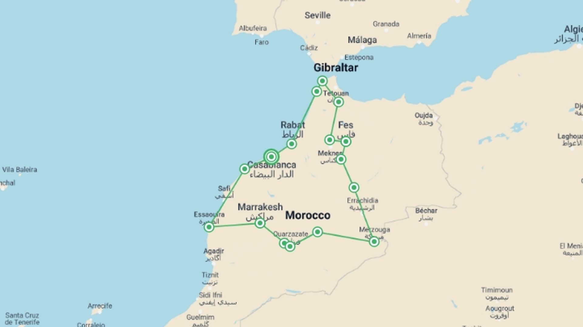 A map showing the tour itinerary for the trip: 10 Days from Casablanca to the North and Sahara Desert, starting in Casablanca, Morocco and ending in Casablanca, Morocco going through 14 other destinations.