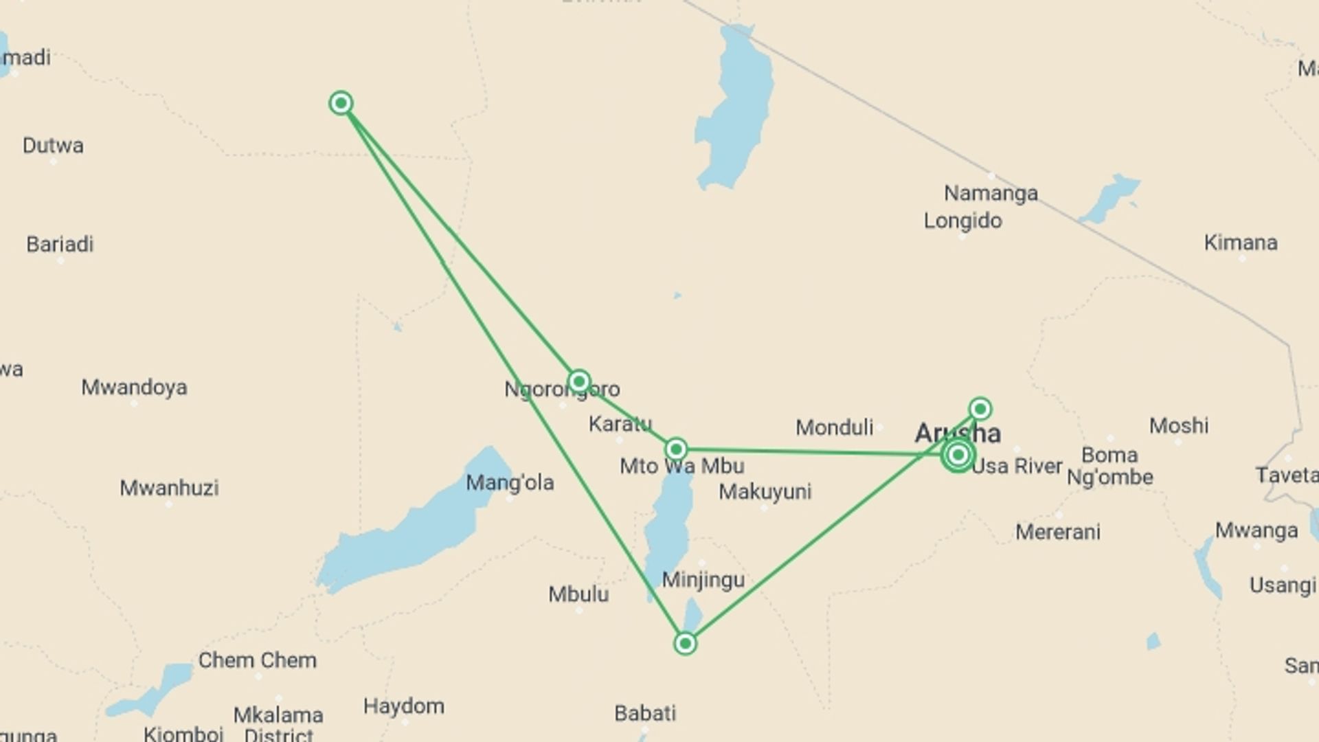 A map showing the tour itinerary for the trip: 8-Day Camping Safari : Best of Tanzania, starting in Arusha, Tanzania and ending in Arusha, Tanzania going through 5 other destinations.